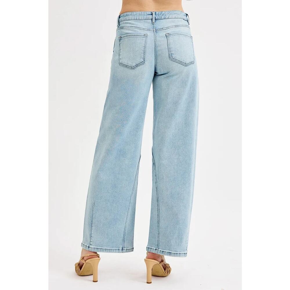 RISEN Mid Rise Waist Zipper Fly Stretch Light Blue Wash Barrel Leg Denim Jeans - Picture 2 of 7
